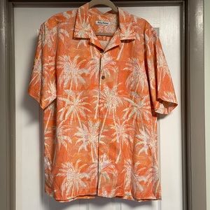 NWT Tommy Bahama Peach Parrot Palm Tree Print Silk Button Up Shirt